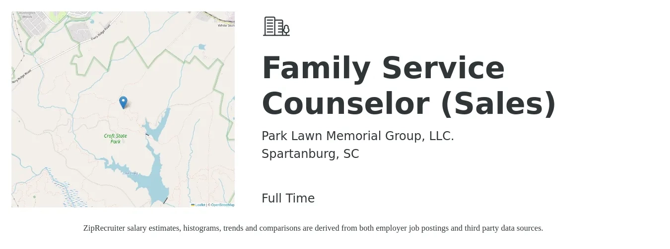 Park Lawn Memorial Group, LLC. job posting for a Family Service Counselor (Sales) in Spartanburg, SC with a salary of $21 to $30 Hourly with a map of Spartanburg location.