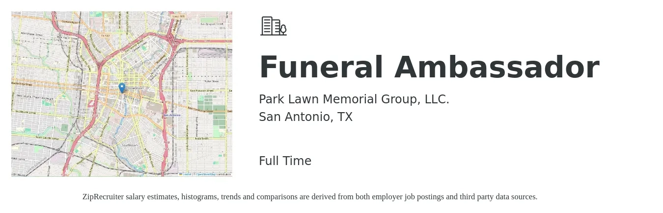 Park Lawn Memorial Group, LLC. job posting for a Funeral Ambassador in San Antonio, TX with a salary of $14 to $18 Hourly with a map of San Antonio location.
