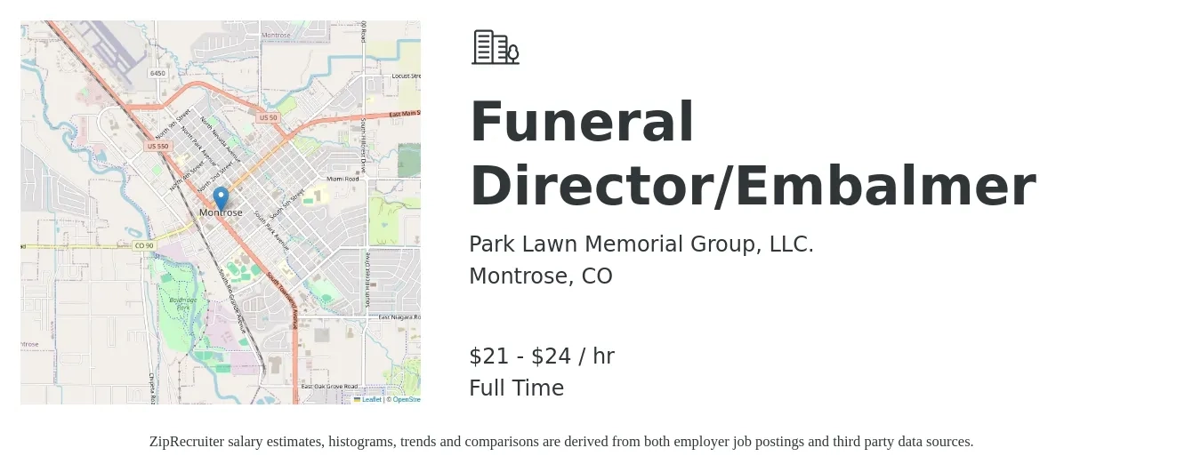 Park Lawn Memorial Group, LLC. job posting for a Funeral Director/Embalmer in Montrose, CO with a salary of $22 to $25 Hourly with a map of Montrose location.