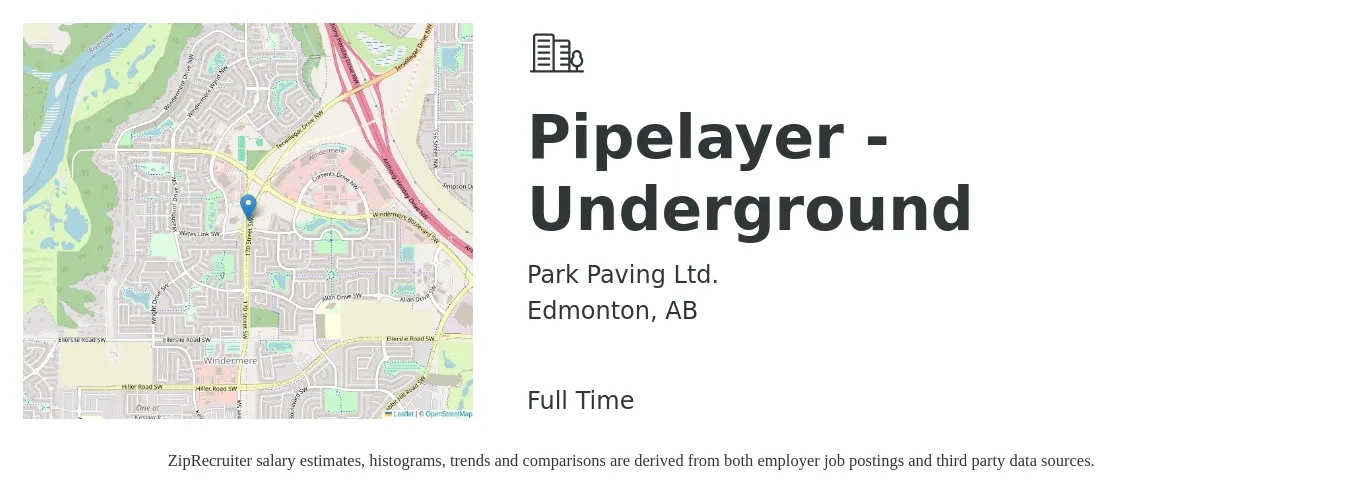 Park Paving Ltd. job posting for a Pipelayer - Underground in Edmonton, AB with a salary of $32 to $38 Hourly with a map of Edmonton location.