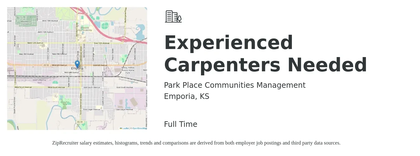 Park Place Communities Management job posting for a Experienced Carpenters Needed in Emporia, KS with a salary of $18 to $24 Hourly with a map of Emporia location.