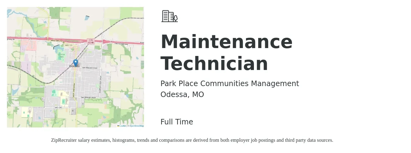 Park Place Communities Management job posting for a Maintenance Technician in Odessa, MO with a salary of $18 to $25 Hourly with a map of Odessa location.