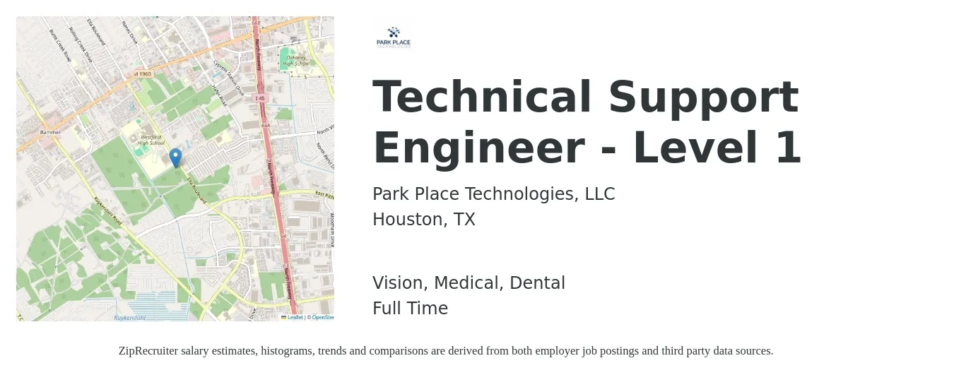 Park Place Technologies, LLC job posting for a Technical Support Engineer - Level 1 in Houston, TX with a salary of $55,400 to $94,100 Yearly and benefits including vision, dental, life_insurance, medical, and retirement with a map of Houston location.