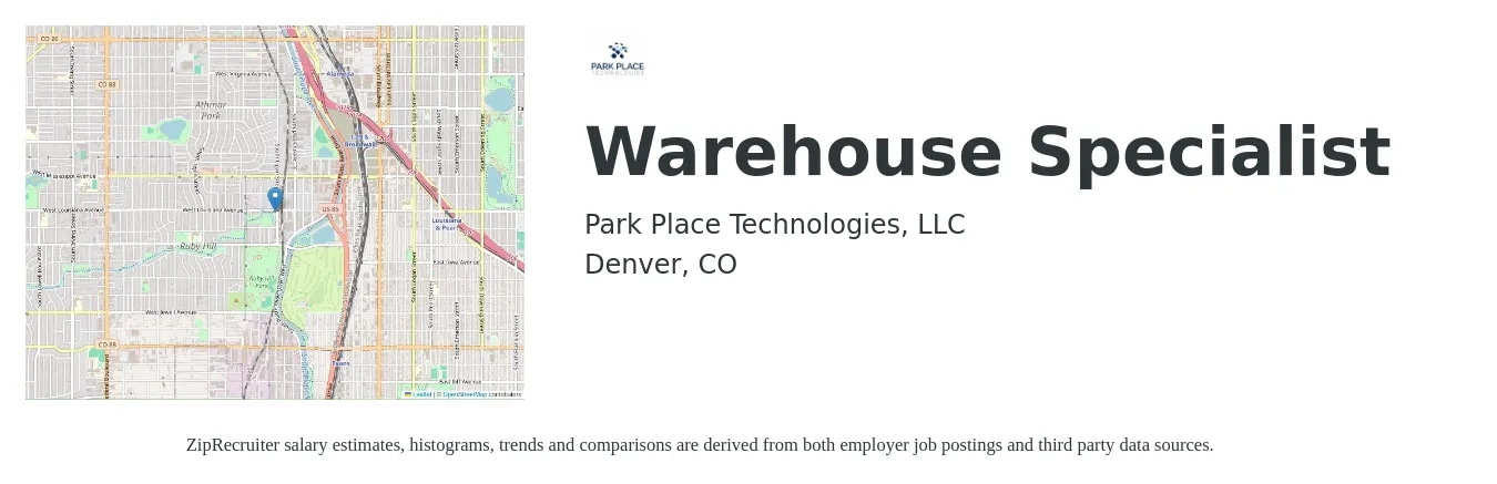 Park Place Technologies job posting for a Warehouse Specialist in Denver, CO with a salary of $18 to $21 Hourly with a map of Denver location.
