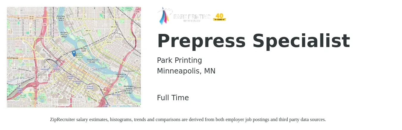 Park Printing job posting for a Prepress Specialist in Minneapolis, MN with a salary of $20 to $26 Hourly with a map of Minneapolis location.