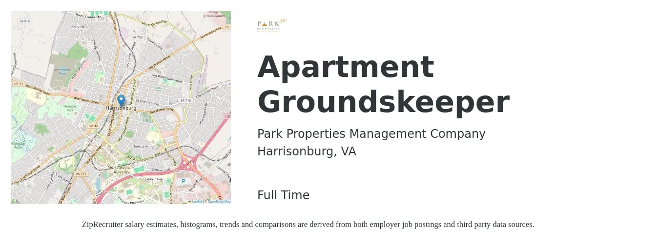 Park Properties Management Company job posting for a Apartment Groundskeeper in Harrisonburg, VA with a salary of $15 to $17 Hourly with a map of Harrisonburg location.