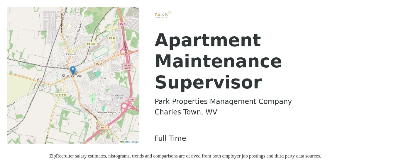 Park Properties Management Company job posting for a Apartment Maintenance Supervisor in Charles Town, WV with a salary of $22 to $27 Hourly with a map of Charles Town location.