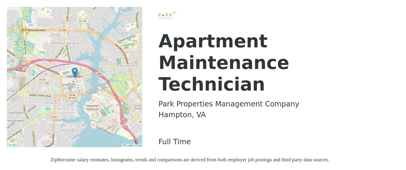 Park Properties Management Company job posting for a Apartment Maintenance Technician in Hampton, VA with a salary of $18 to $22 Hourly with a map of Hampton location.