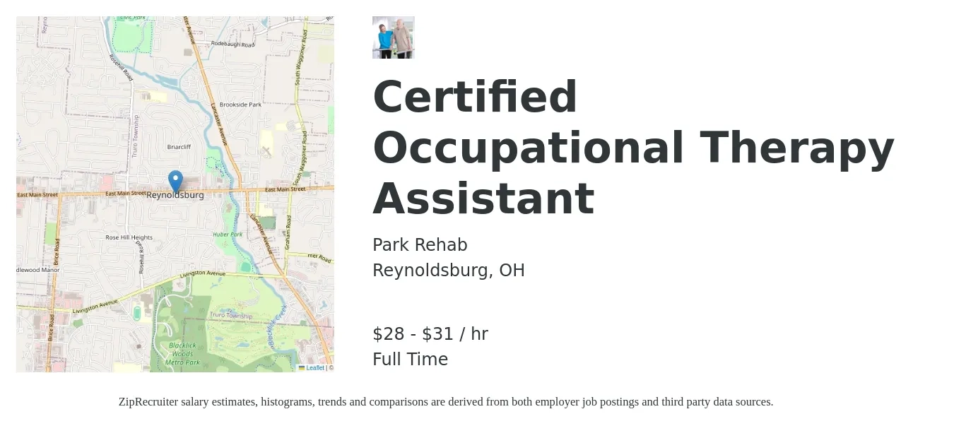 Park Rehab job posting for a Certified Occupational Therapy Assistant in Reynoldsburg, OH with a salary of $30 to $33 Hourly with a map of Reynoldsburg location.