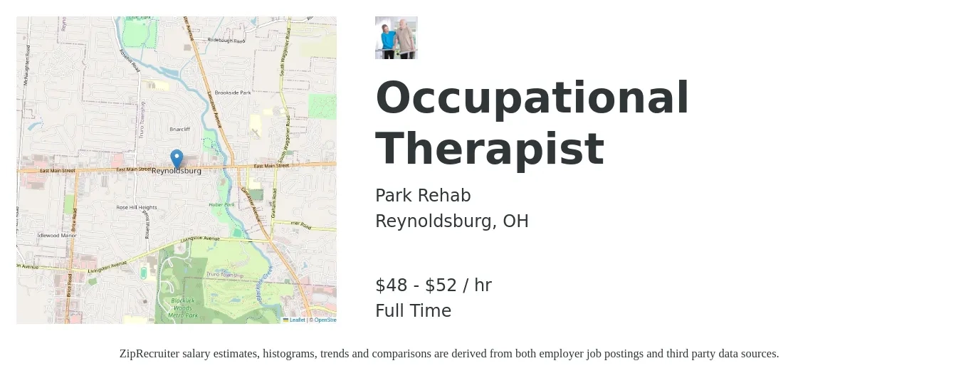 Park Rehab job posting for a Occupational Therapist in Reynoldsburg, OH with a salary of $50 to $55 Hourly with a map of Reynoldsburg location.
