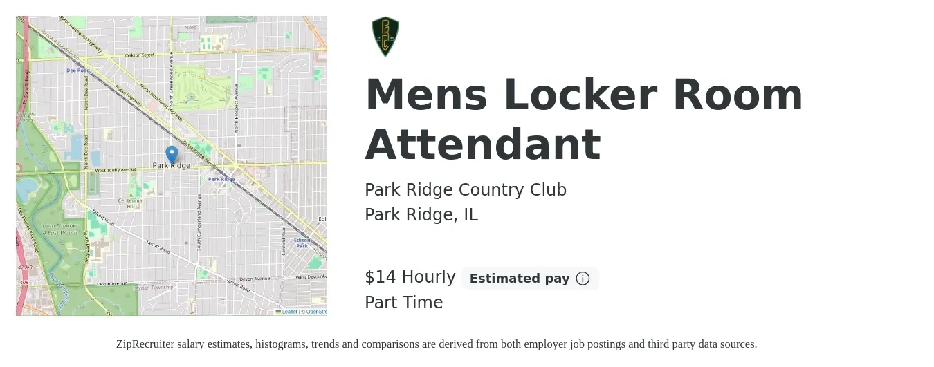 Park Ridge Country Club job posting for a Mens Locker Room Attendant in Park Ridge, IL with a salary of $15 Hourly with a map of Park Ridge location.