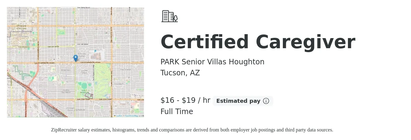 PARK Senior Villas Houghton job posting for a Certified Caregiver in Tucson, AZ with a salary of $17 to $20 Hourly with a map of Tucson location.