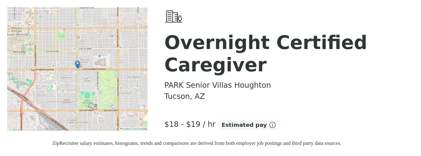 PARK Senior Villas Houghton job posting for a Overnight Certified Caregiver in Tucson, AZ with a salary of $19 to $20 Hourly with a map of Tucson location.