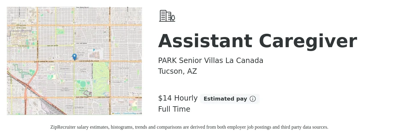PARK Senior Villas La Canada job posting for a Assistant Caregiver in Tucson, AZ with a salary of $15 Hourly with a map of Tucson location.