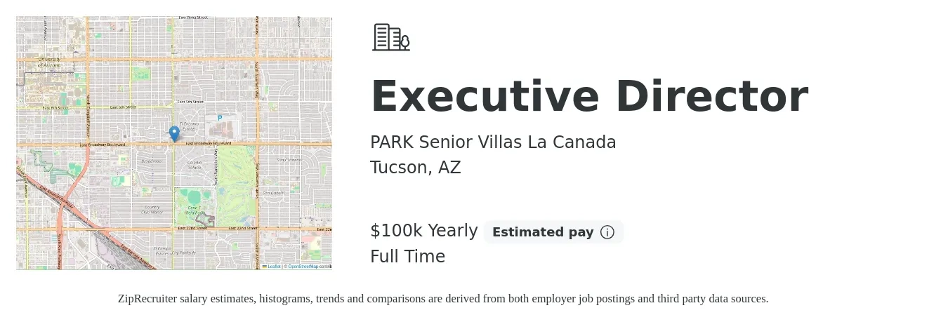 PARK Senior Villas La Canada job posting for a Executive Director in Tucson, AZ with a salary of $100,000 Yearly with a map of Tucson location.