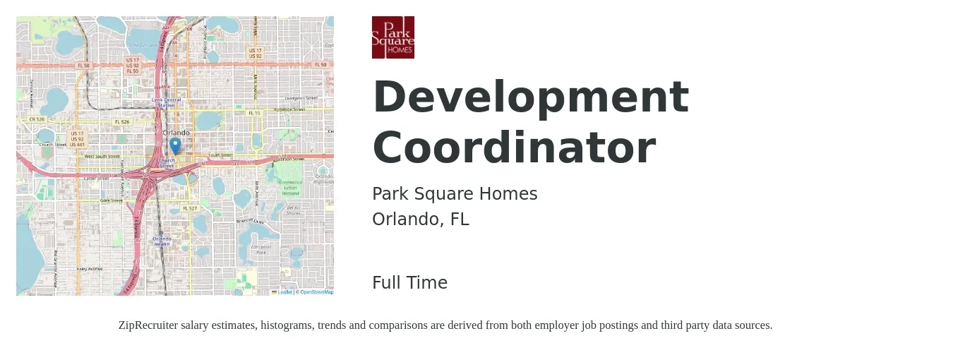 Park Square Homes job posting for a Development Coordinator in Orlando, FL with a salary of $40,600 to $54,600 Yearly with a map of Orlando location.