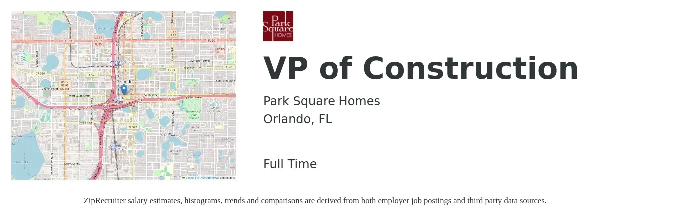 Park Square Homes job posting for a VP of Construction in Orlando, FL with a salary of $107,400 to $177,400 Yearly with a map of Orlando location.