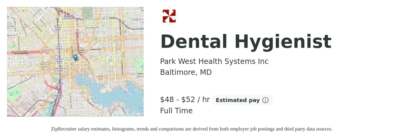 Park West Health Systems Inc job posting for a Dental Hygienist in Baltimore, MD with a salary of $38 to $50 Hourly with a map of Baltimore location.