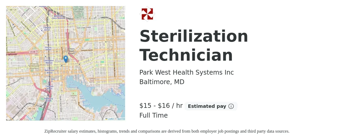 Park West Health Systems Inc job posting for a Sterilization Technician in Baltimore, MD with a salary of $16 to $17 Hourly with a map of Baltimore location.