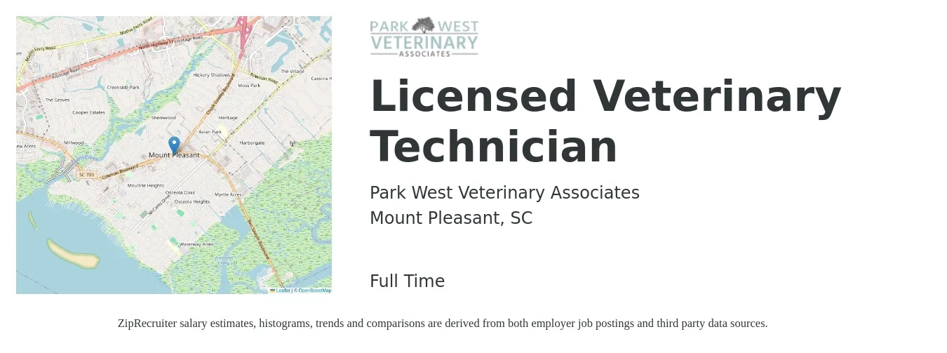 Park West Veterinary Associates job posting for a Licensed Veterinary Technician in Mount Pleasant, SC with a salary of $18 to $26 Hourly with a map of Mount Pleasant location.