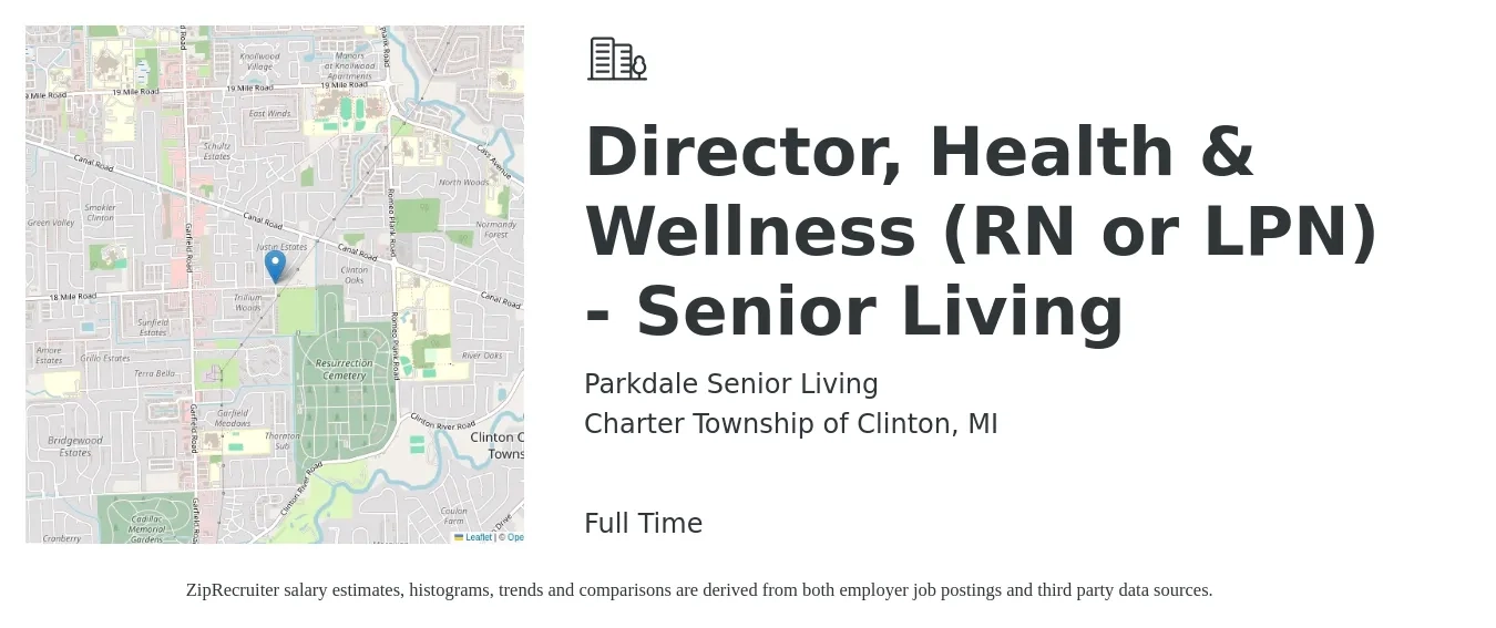 Parkdale Senior Living job posting for a Director, Health & Wellness (RN or LPN) - Senior Living in Charter Township of Clinton, MI with a salary of $47,700 to $74,600 Yearly with a map of Charter Township of Clinton location.