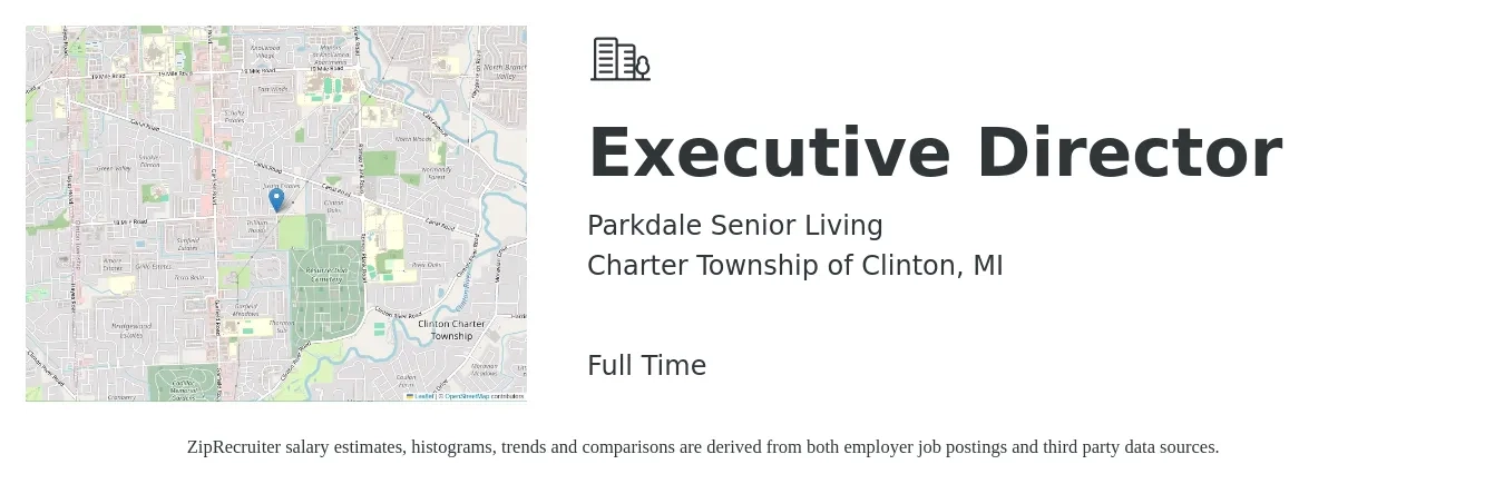 Parkdale Senior Living job posting for a Executive Director in Charter Township of Clinton, MI with a salary of $71,800 to $98,600 Yearly with a map of Charter Township of Clinton location.