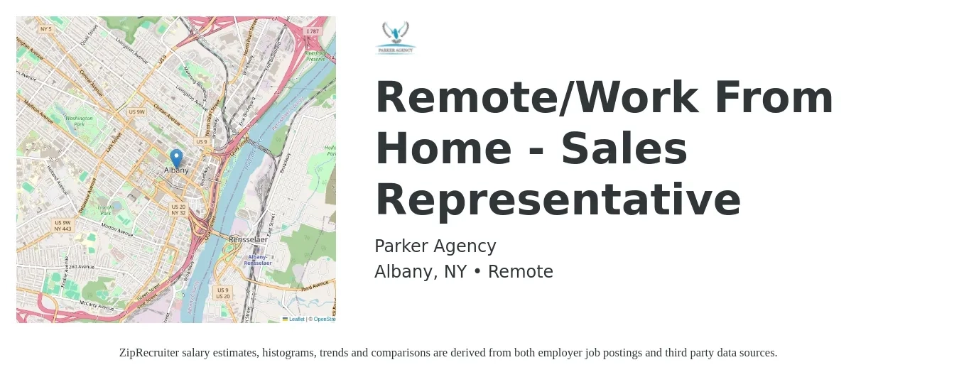 Parker Agency job posting for a Remote/Work From Home - Sales Representative in Albany, NY with a salary of $53,100 to $92,300 Yearly with a map of Albany location.