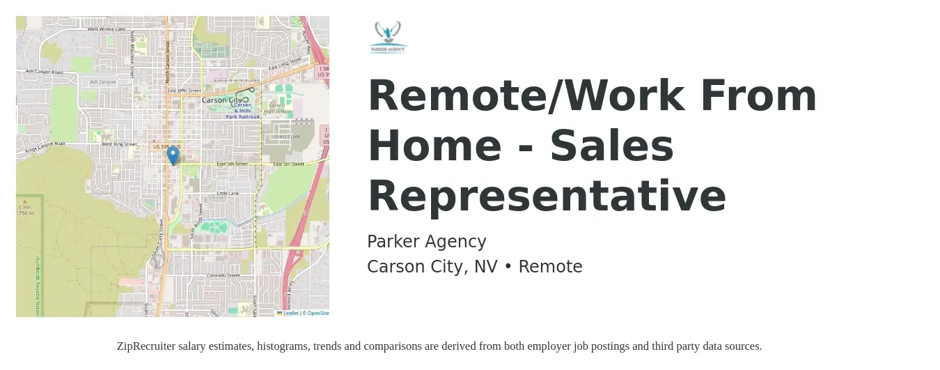Parker Agency job posting for a Remote/Work From Home - Sales Representative in Carson City, NV with a salary of $52,400 to $91,100 Yearly with a map of Carson City location.
