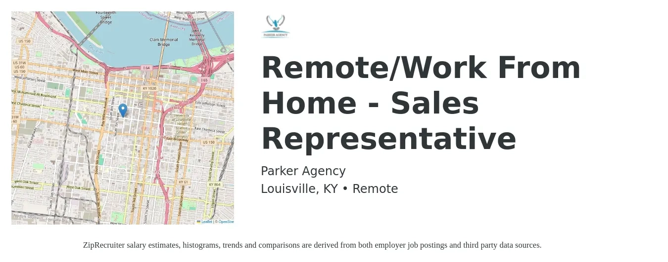 Parker Agency job posting for a Remote/Work From Home - Sales Representative in Louisville, KY with a salary of $51,400 to $89,400 Yearly with a map of Louisville location.