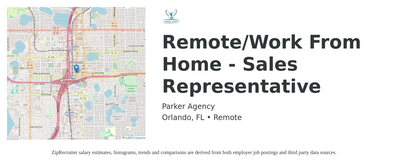 Parker Agency job posting for a Remote/Work From Home - Sales Representative in Orlando, FL with a salary of $49,900 to $86,800 Yearly with a map of Orlando location.