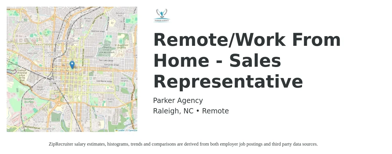 Parker Agency job posting for a Remote/Work From Home - Sales Representative in Raleigh, NC with a salary of $52,000 to $90,400 Yearly with a map of Raleigh location.