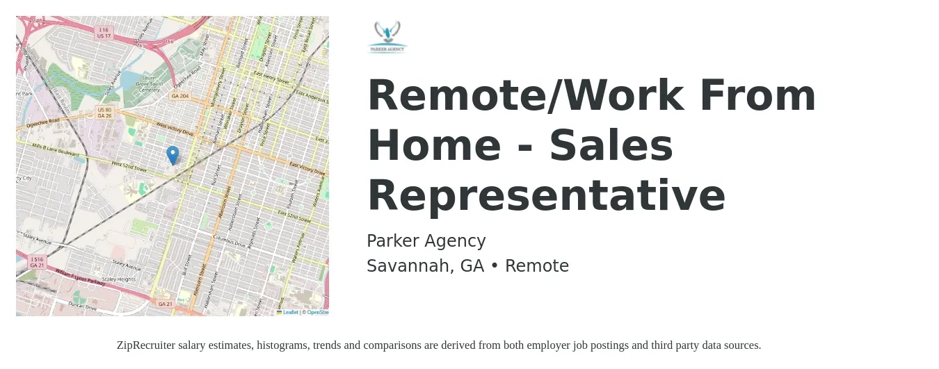 Parker Agency job posting for a Remote/Work From Home - Sales Representative in Savannah, GA with a salary of $49,800 to $86,600 Yearly with a map of Savannah location.