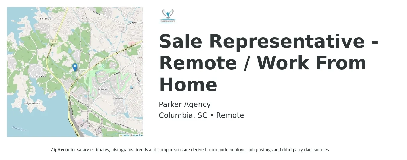Parker Agency job posting for a Sale Representative - Remote / Work From Home in Columbia, SC with a salary of $49,500 to $86,000 Yearly with a map of Columbia location.