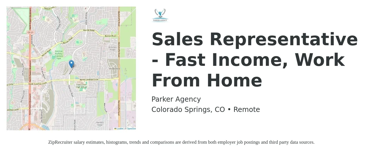 Parker Agency job posting for a Sales Representative - Fast Income, Work From Home in Colorado Springs, CO with a salary of $52,700 to $91,600 Yearly with a map of Colorado Springs location.