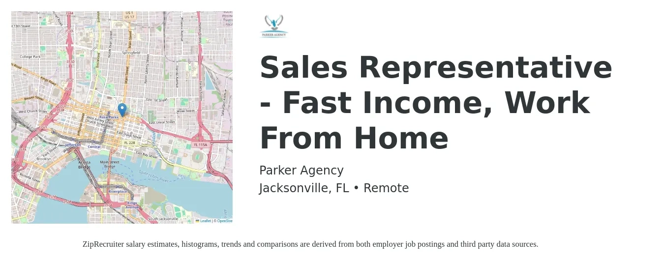 Parker Agency job posting for a Sales Representative - Fast Income, Work From Home in Jacksonville, FL with a salary of $49,600 to $86,200 Yearly with a map of Jacksonville location.