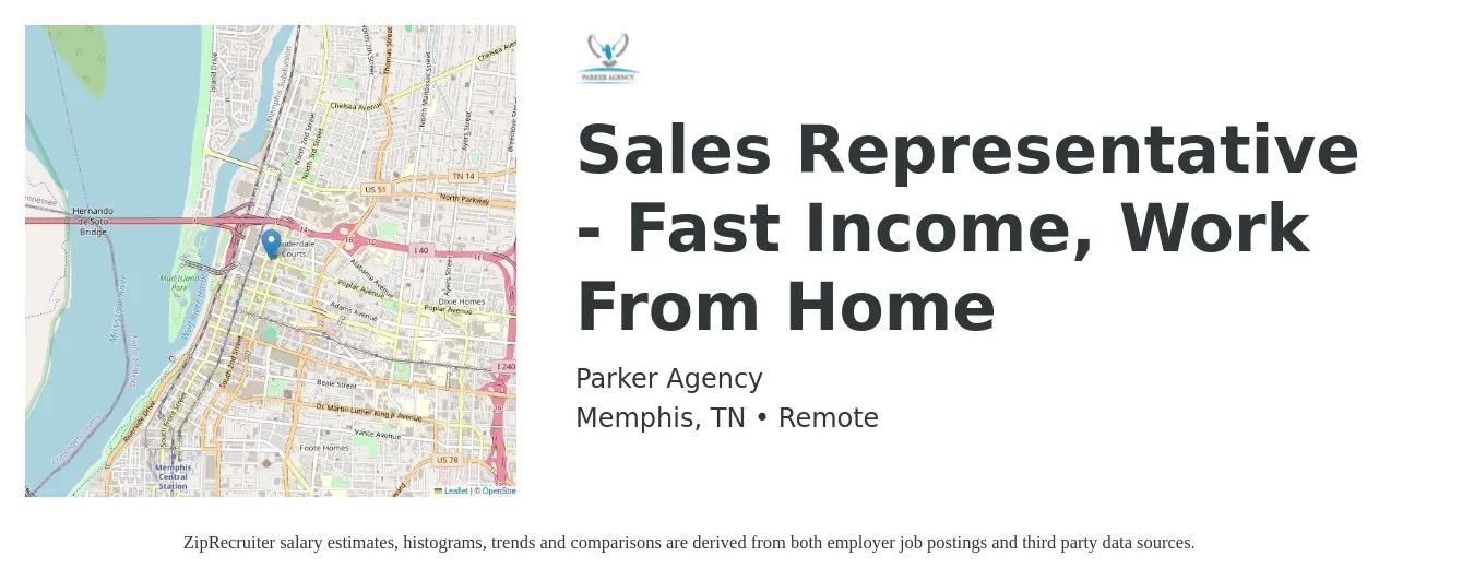 Parker Agency job posting for a Sales Representative - Fast Income, Work From Home in Memphis, TN with a salary of $52,000 to $90,300 Yearly with a map of Memphis location.