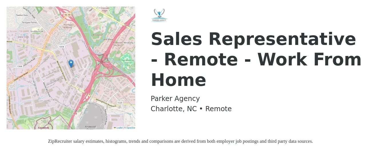 Parker Agency job posting for a Sales Representative - Remote - Work From Home in Charlotte, NC with a salary of $52,300 to $90,800 Yearly with a map of Charlotte location.
