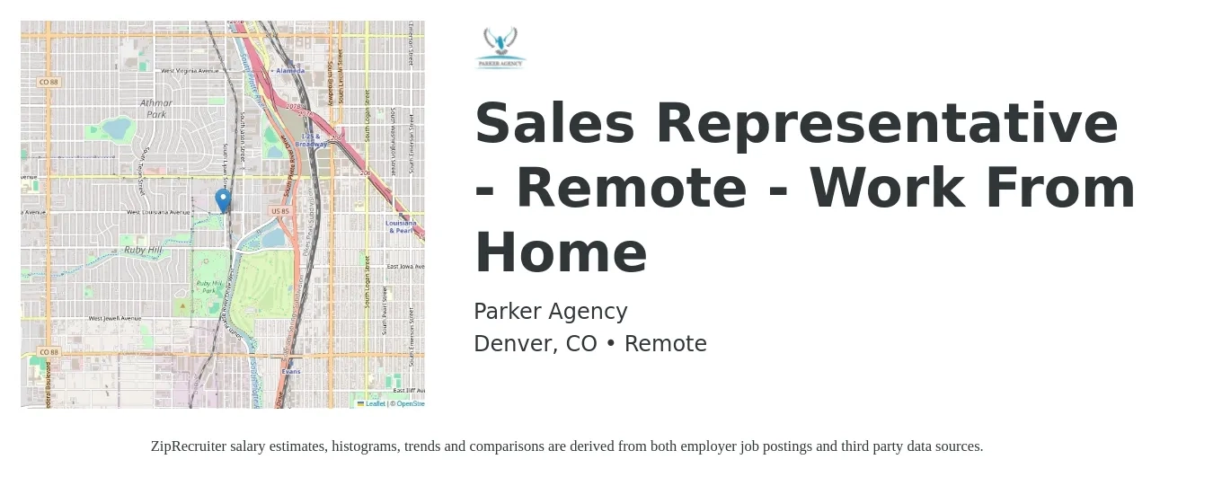 Parker Agency job posting for a Sales Representative - Remote - Work From Home in Denver, CO with a salary of $55,100 to $95,700 Yearly with a map of Denver location.