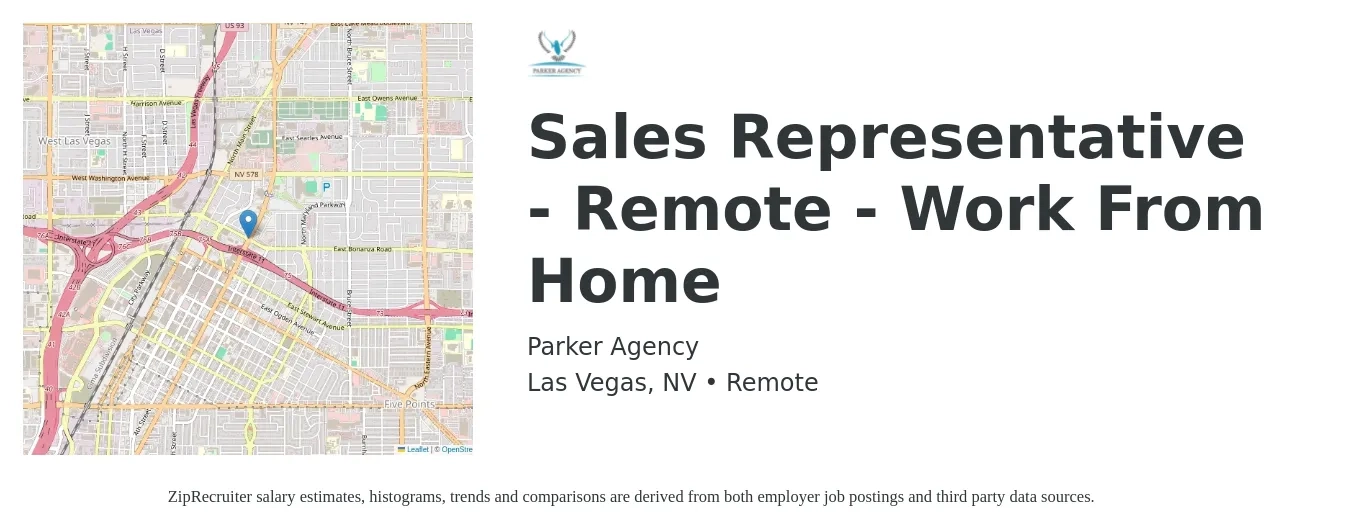 Parker Agency job posting for a Sales Representative - Remote - Work From Home in Las Vegas, NV with a salary of $51,100 to $88,800 Yearly with a map of Las Vegas location.