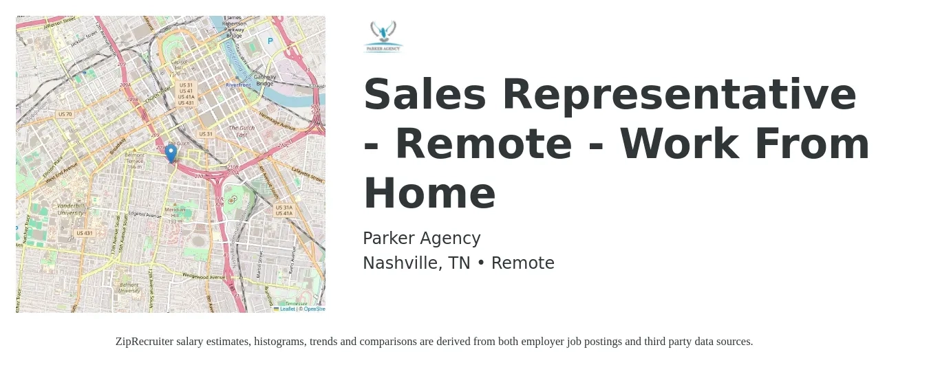Parker Agency job posting for a Sales Representative - Remote - Work From Home in Nashville, TN with a salary of $51,700 to $89,800 Yearly with a map of Nashville location.