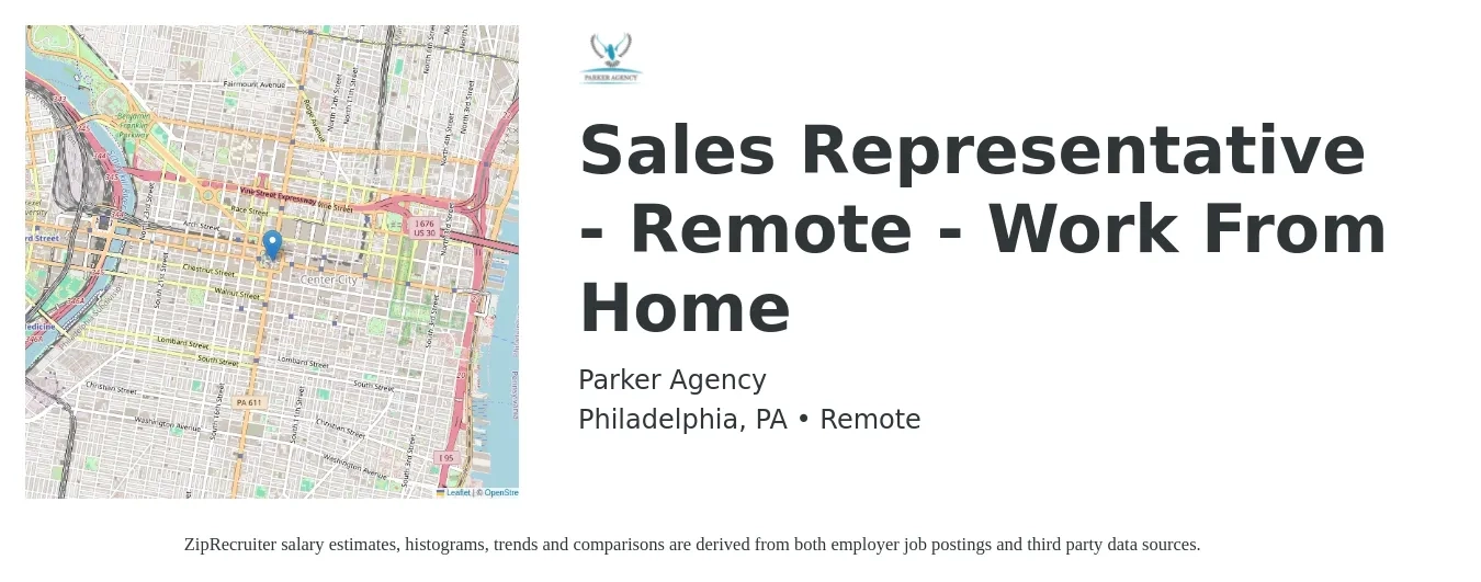 Parker Agency job posting for a Sales Representative - Remote - Work From Home in Philadelphia, PA with a salary of $54,000 to $93,800 Yearly with a map of Philadelphia location.