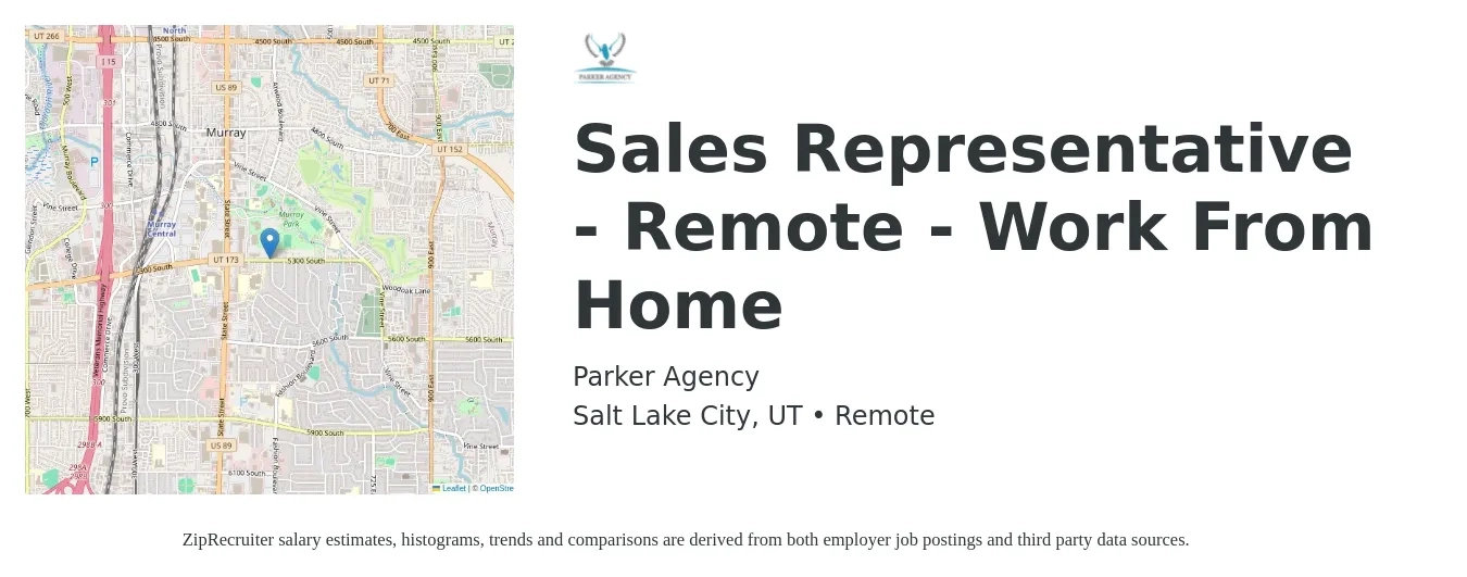 Parker Agency job posting for a Sales Representative - Remote - Work From Home in Salt Lake City, UT with a salary of $51,800 to $90,000 Yearly with a map of Salt Lake City location.