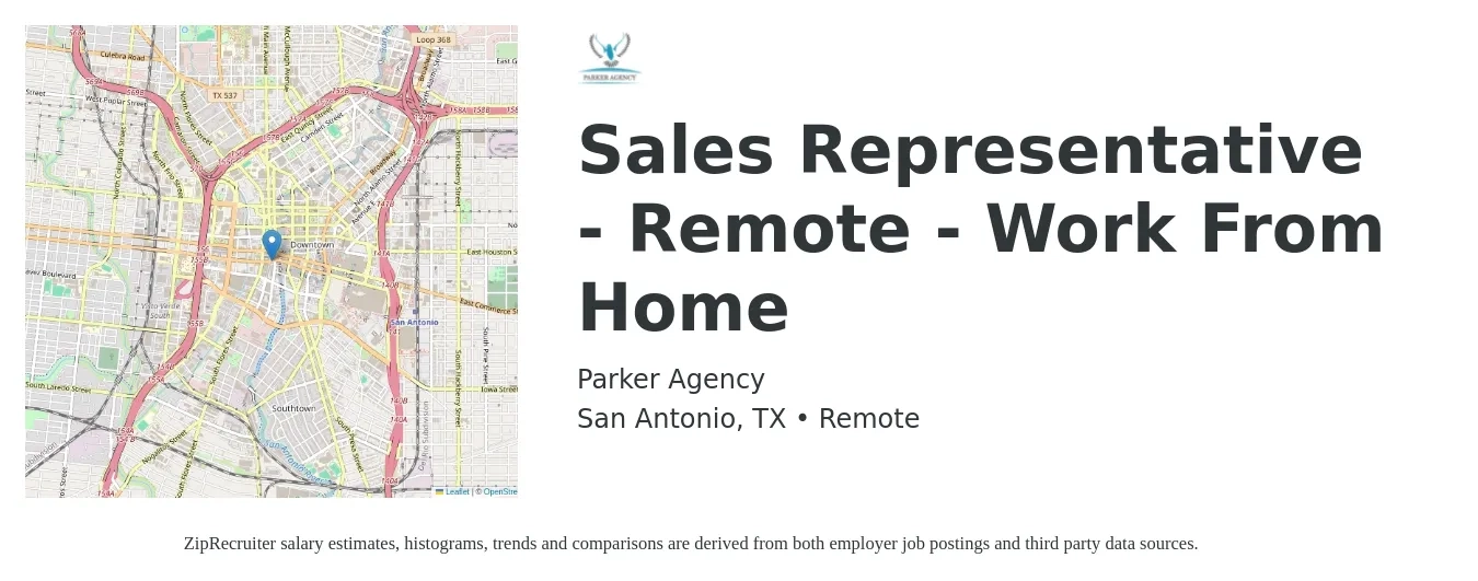 Parker Agency job posting for a Sales Representative - Remote - Work From Home in San Antonio, TX with a salary of $48,300 to $83,900 Yearly with a map of San Antonio location.