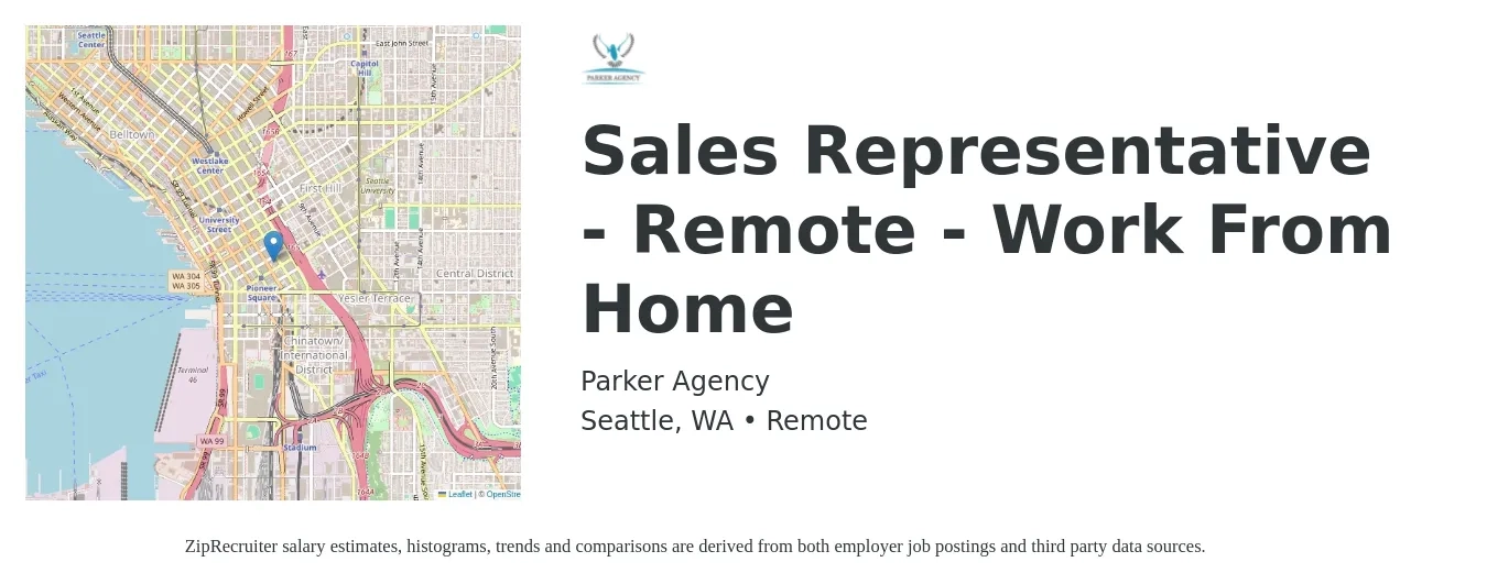 Parker Agency job posting for a Sales Representative - Remote - Work From Home in Seattle, WA with a salary of $60,900 to $105,800 Yearly with a map of Seattle location.
