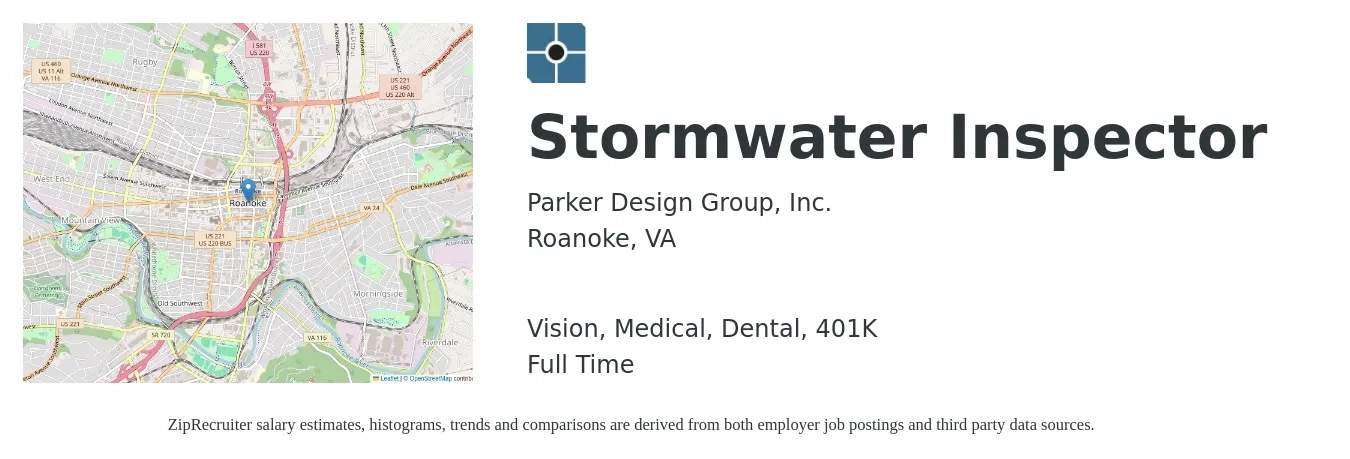 Parker Design Group, Inc. job posting for a Stormwater Inspector in Roanoke, VA and benefits including 401k, dental, life_insurance, medical, and vision with a map of Roanoke location.