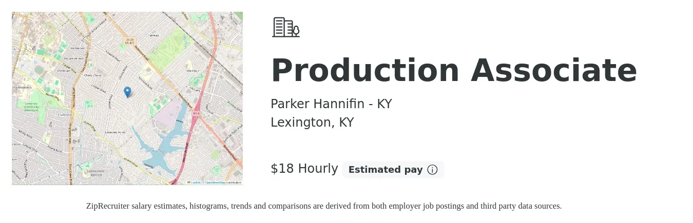 Parker Hannifin - KY job posting for a Production Associate in Lexington, KY with a salary of $19 Hourly with a map of Lexington location.