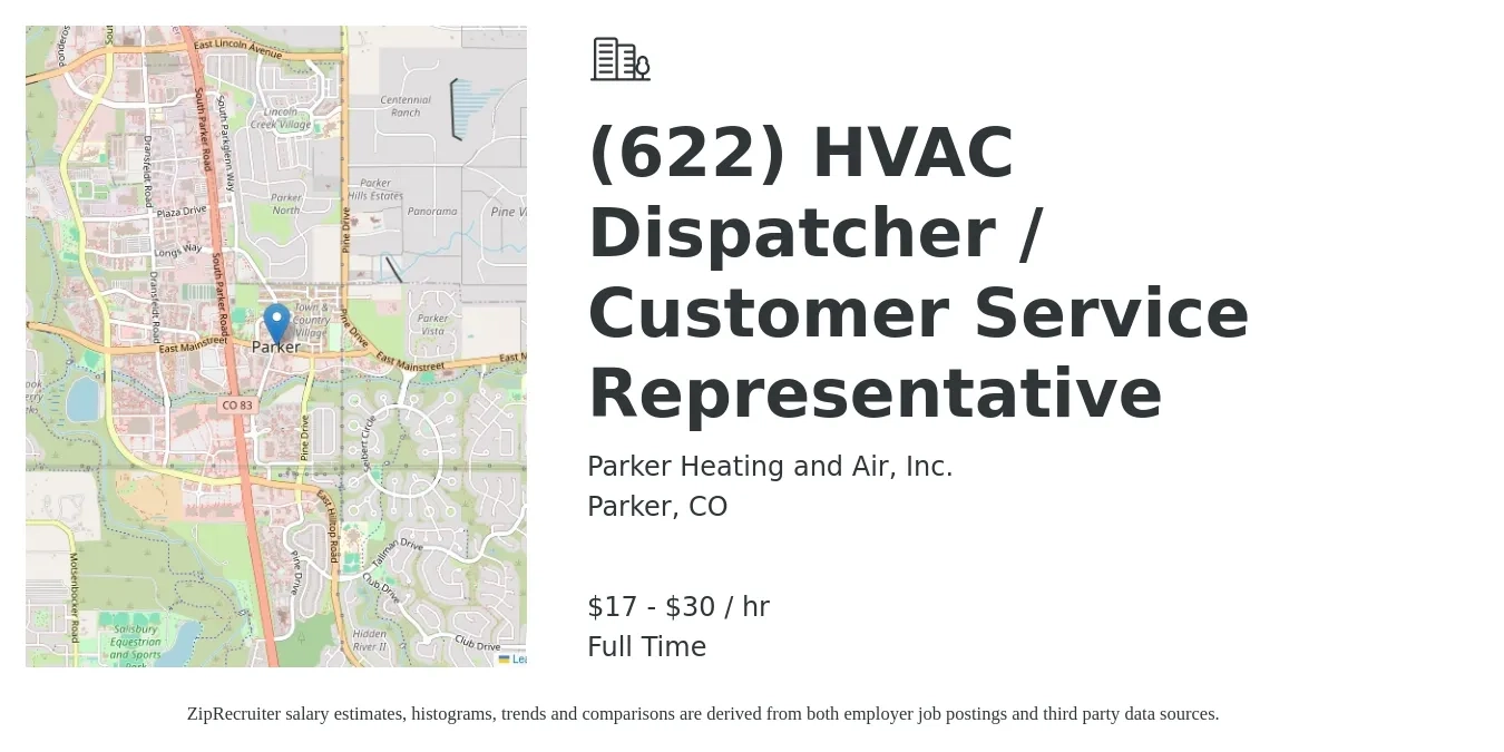 Parker Heating and Air, Inc. job posting for a (622) HVAC Dispatcher / Customer Service Representative in Parker, CO with a salary of $24 to $32 Hourly with a map of Parker location.