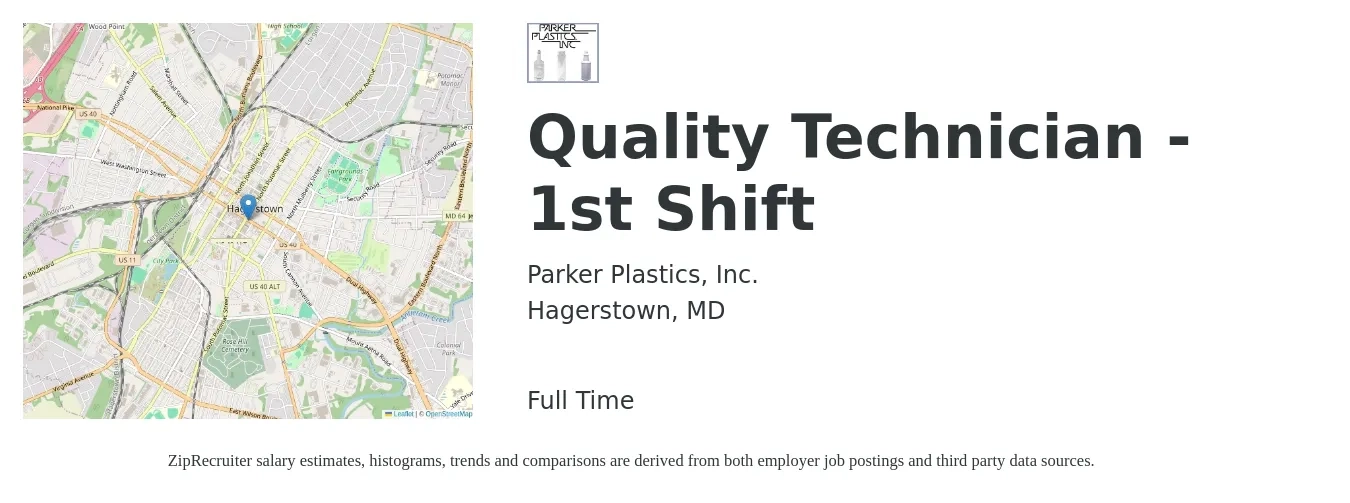 Parker Plastics, Inc. job posting for a Quality Technician - 1st Shift in Hagerstown, MD with a salary of $17 to $23 Hourly with a map of Hagerstown location.