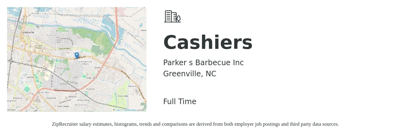 Parker s Barbecue Inc job posting for a Cashiers in Greenville, NC with a salary of $11 to $15 Hourly with a map of Greenville location.