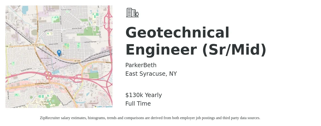 ParkerBeth job posting for a Geotechnical Engineer (Sr/Mid) in East Syracuse, NY with a salary of $130,000 Yearly with a map of East Syracuse location.